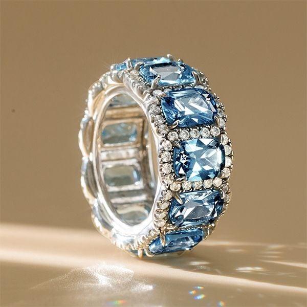 Cushion Cut Blue Topaz Eternity Band Ring for Women in Sterling Silver