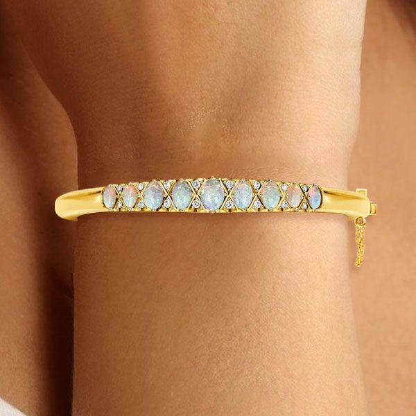 Vintage Opal Bangle Bracelet - 18K Gold Plated Sterling Silver Opal Jewelry