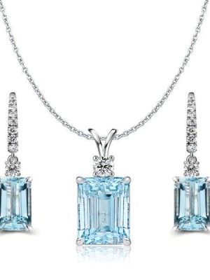 Sterling Silver Aquamarine and Simulated Sapphire Emerald Necklace and Earring Set