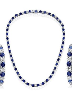 White & Blue Sapphire Sterling Silver Tennis Necklace & Hoop Earrings Set