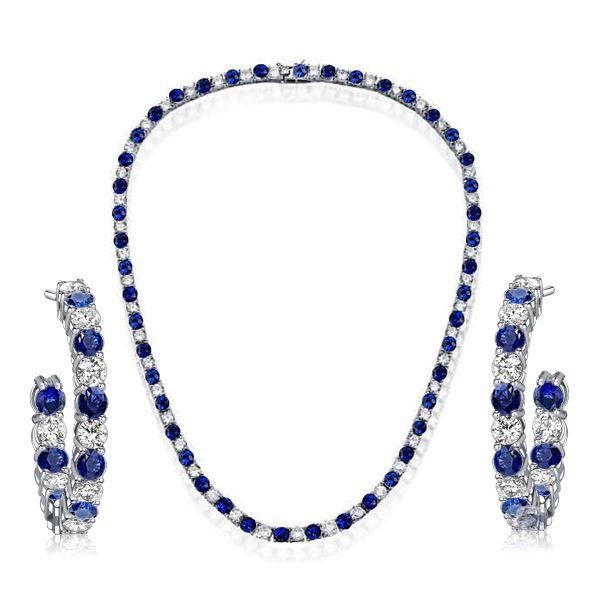 White & Blue Sapphire Sterling Silver Tennis Necklace & Hoop Earrings Set