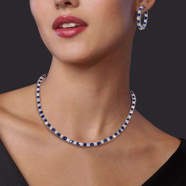 White & Blue Sapphire Sterling Silver Tennis Necklace & Hoop Earrings Set