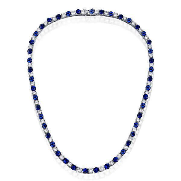 White & Blue Sapphire Sterling Silver Tennis Necklace & Hoop Earrings Set