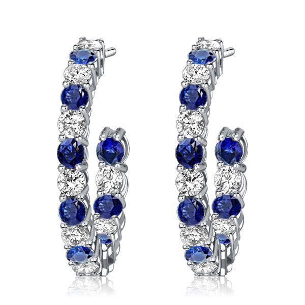 White & Blue Sapphire Sterling Silver Tennis Necklace & Hoop Earrings Set