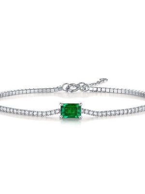 Emerald & Round Cut Simulated Diamond Tennis Bracelet in Sterling Silver