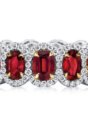 Halo Oval Garnet Eternity Wedding Band - Sterling Silver