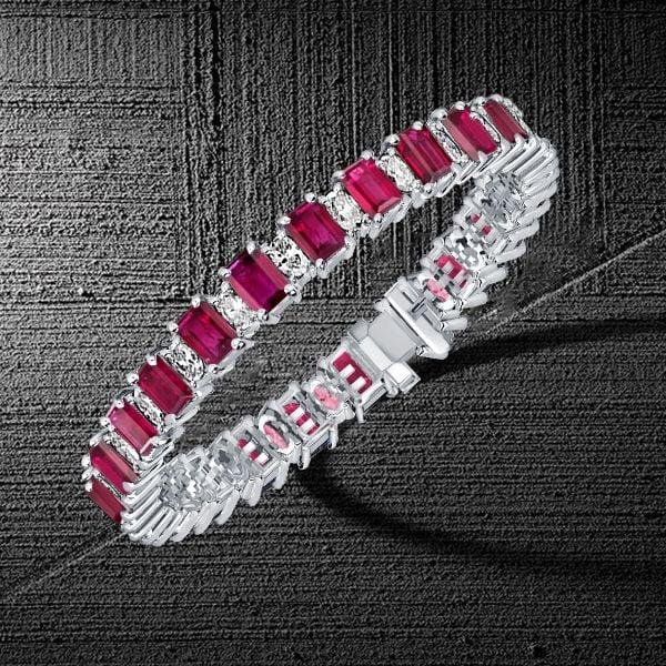 Alternating Ruby and White Cubic Zirconia Tennis Bracelet in Rhodium-Plated Sterling Silver