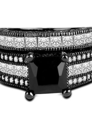 Princess Cut Black Sapphire Sterling Silver Bridal Ring Set