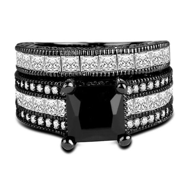 Princess Cut Black Sapphire Sterling Silver Bridal Ring Set