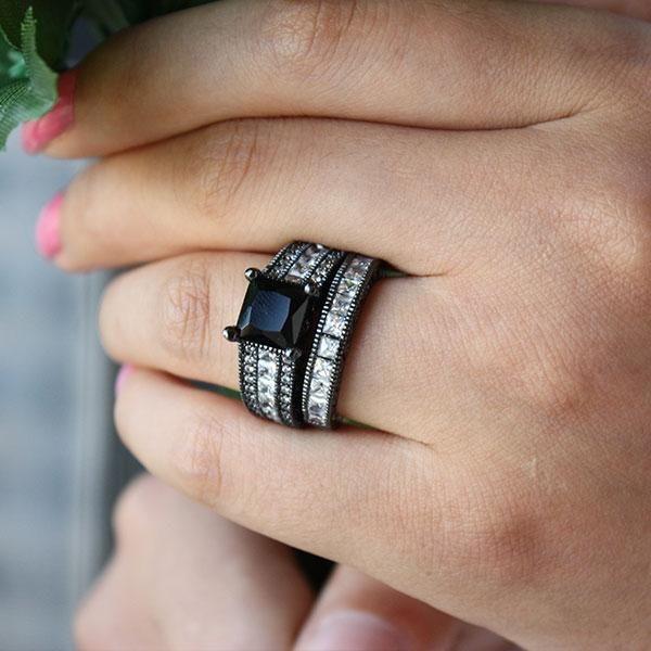 Princess Cut Black Sapphire Sterling Silver Bridal Ring Set
