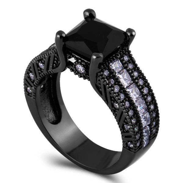 Princess Cut Black Sapphire Sterling Silver Bridal Ring Set