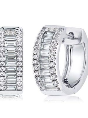 Sterling Silver Baguette & Round Cubic Zirconia Triple Row Hoop Earrings