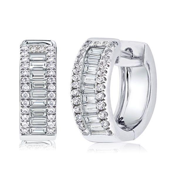 Sterling Silver Baguette & Round Cubic Zirconia Triple Row Hoop Earrings