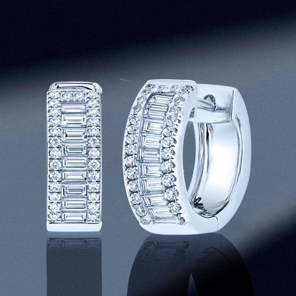 Sterling Silver Baguette & Round Cubic Zirconia Triple Row Hoop Earrings