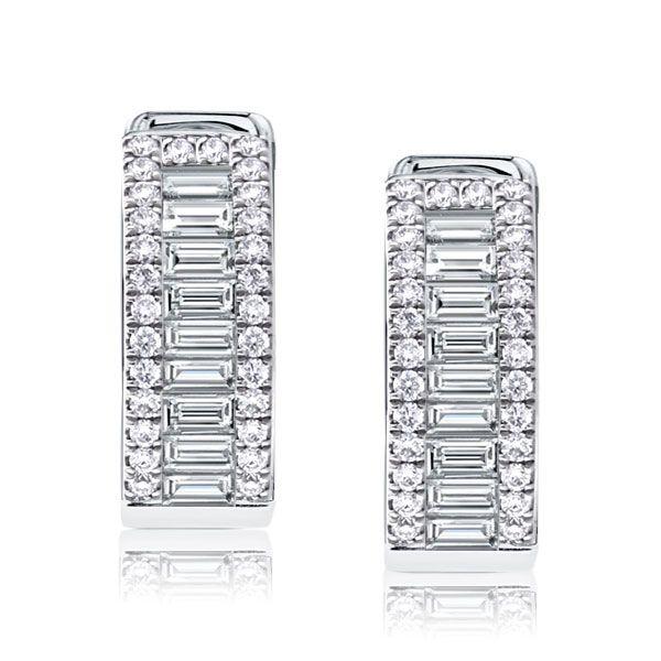 Sterling Silver Baguette & Round Cubic Zirconia Triple Row Hoop Earrings
