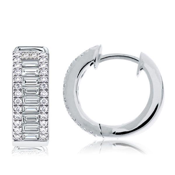 Sterling Silver Baguette & Round Cubic Zirconia Triple Row Hoop Earrings