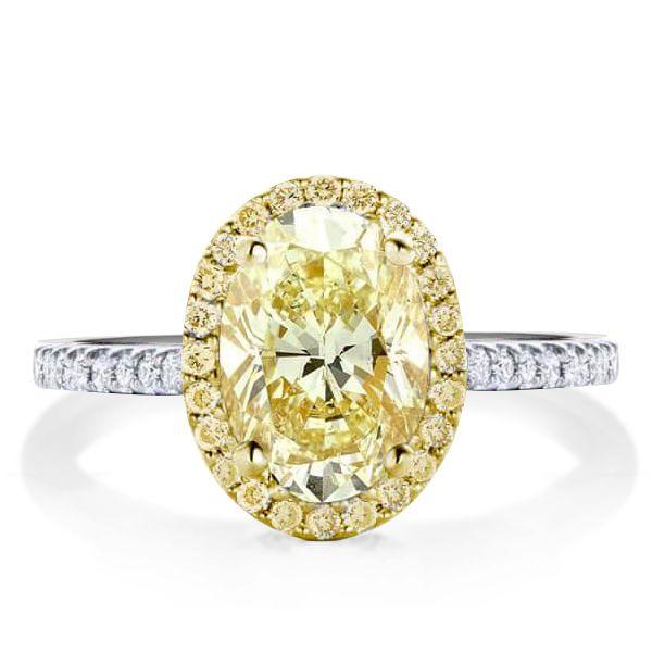 Two-Tone Halo Oval Yellow Topaz Engagement Ring - Sterling Silver Wedding Ring