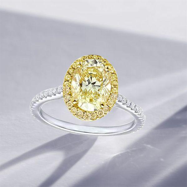 Two-Tone Halo Oval Yellow Topaz Engagement Ring - Sterling Silver Wedding Ring