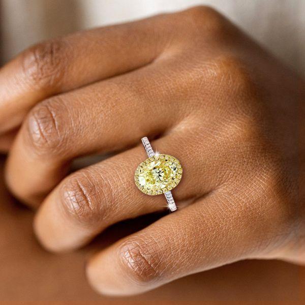 Two-Tone Halo Oval Yellow Topaz Engagement Ring - Sterling Silver Wedding Ring