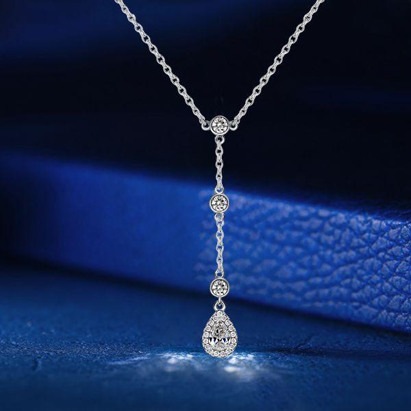Halo Pear-Shaped Pendant Necklace - 925 Sterling Silver Drop Necklace for Women