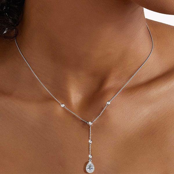 Halo Pear-Shaped Pendant Necklace - 925 Sterling Silver Drop Necklace for Women