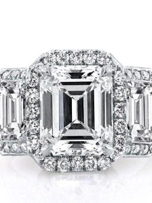 Emerald Cut Three Stone Halo Engagement Ring in Sterling Silver with Created White Sapphire