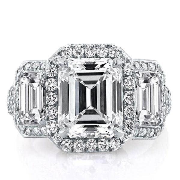 Emerald Cut Three Stone Halo Engagement Ring in Sterling Silver with Created White Sapphire