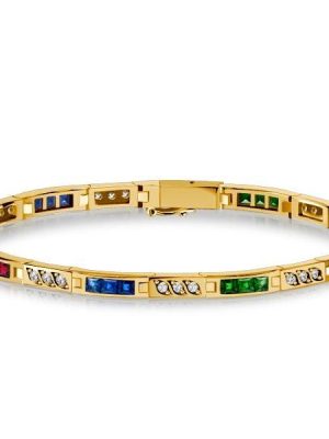 Bezel Set Blue Sapphire Emerald Ruby Tennis Bracelet in 18K Gold Plated Sterling Silver
