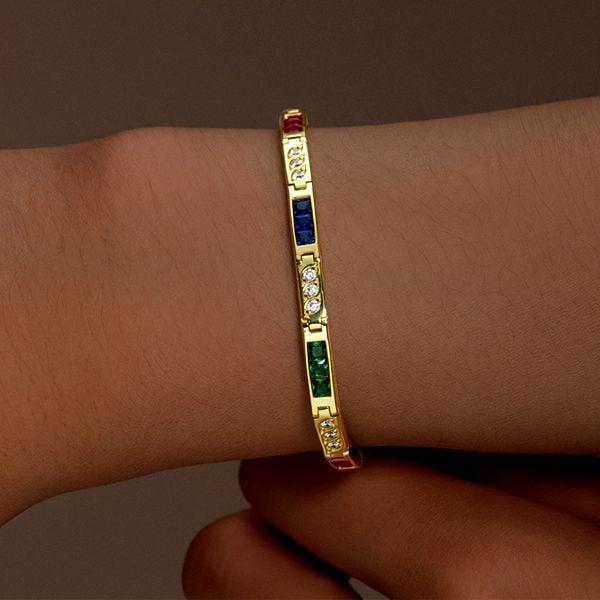 Bezel Set Blue Sapphire Emerald Ruby Tennis Bracelet in 18K Gold Plated Sterling Silver