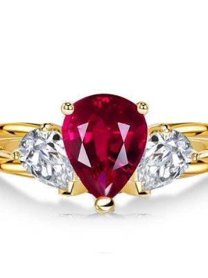 Golden Ruby Pear Cut 3 Stone Engagement Ring - 18K Gold Plated Sterling Silver