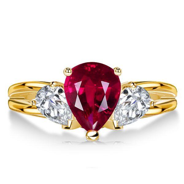 Golden Ruby Pear Cut 3 Stone Engagement Ring - 18K Gold Plated Sterling Silver