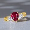 Golden Ruby Pear Cut 3 Stone Engagement Ring - 18K Gold Plated Sterling Silver