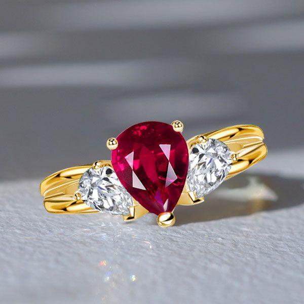 Golden Ruby Pear Cut 3 Stone Engagement Ring - 18K Gold Plated Sterling Silver