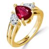 Golden Ruby Pear Cut 3 Stone Engagement Ring - 18K Gold Plated Sterling Silver