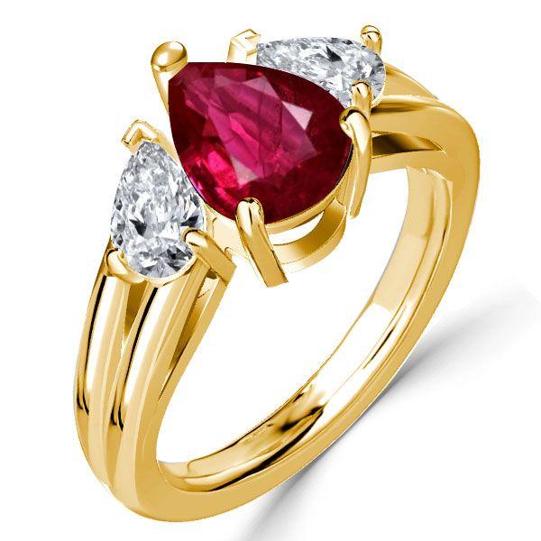 Golden Ruby Pear Cut 3 Stone Engagement Ring - 18K Gold Plated Sterling Silver