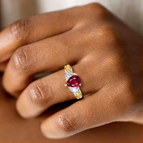 Golden Ruby Pear Cut 3 Stone Engagement Ring - 18K Gold Plated Sterling Silver