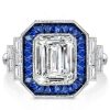 Emerald Cut Blue Sapphire Halo Engagement Ring in Sterling Silver