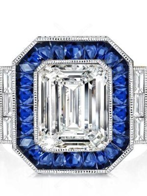 Emerald Cut Blue Sapphire Halo Engagement Ring in Sterling Silver