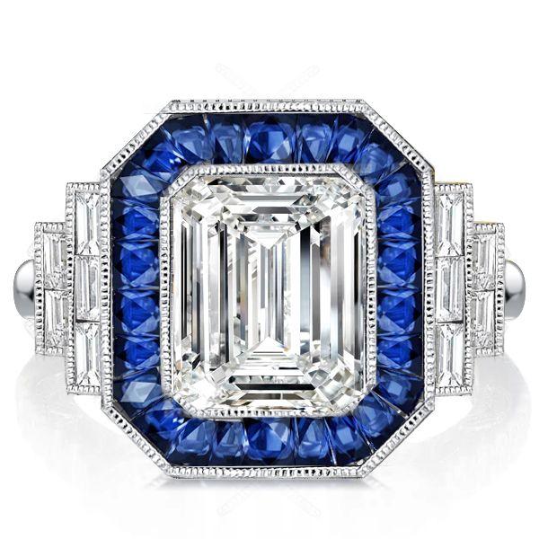 Emerald Cut Blue Sapphire Halo Engagement Ring in Sterling Silver