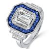 Emerald Cut Blue Sapphire Halo Engagement Ring in Sterling Silver
