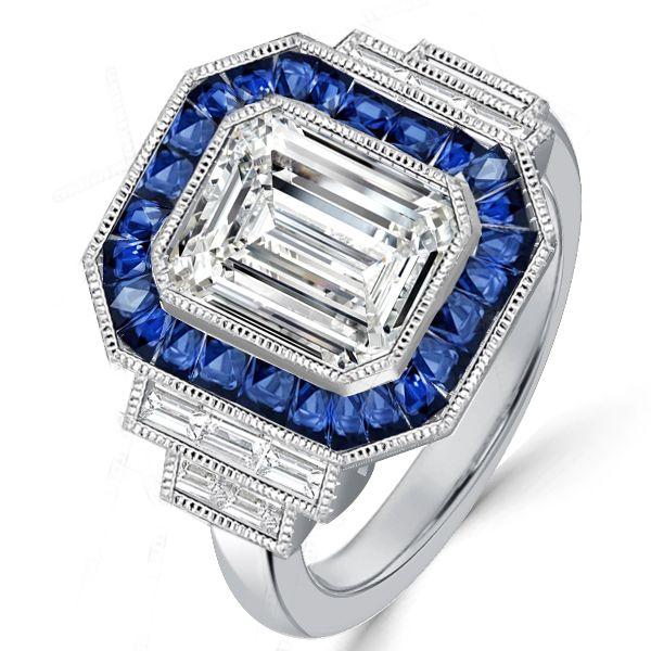 Emerald Cut Blue Sapphire Halo Engagement Ring in Sterling Silver