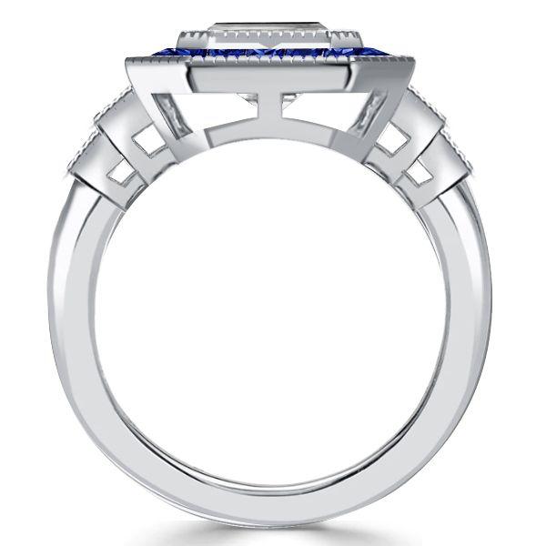 Emerald Cut Blue Sapphire Halo Engagement Ring in Sterling Silver