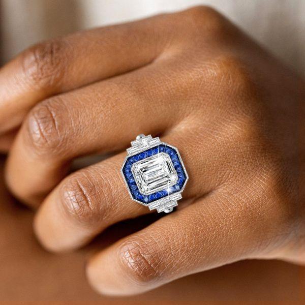 Emerald Cut Blue Sapphire Halo Engagement Ring in Sterling Silver