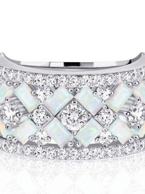 Opal Baguette Half Eternity Wedding Band - Sterling Silver Multi Row Ring
