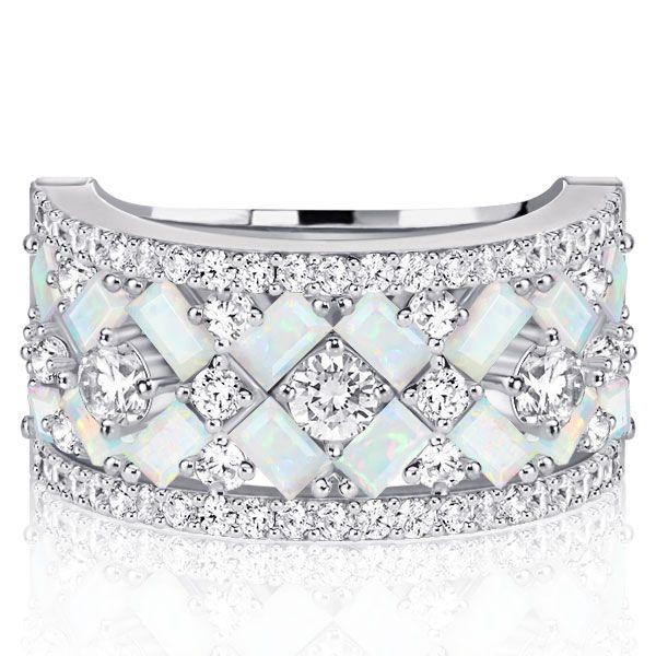 Opal Baguette Half Eternity Wedding Band - Sterling Silver Multi Row Ring