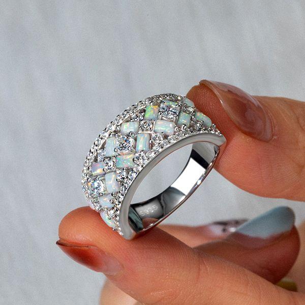 Opal Baguette Half Eternity Wedding Band - Sterling Silver Multi Row Ring