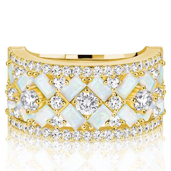 Opal Baguette Half Eternity Wedding Band - Sterling Silver Multi Row Ring