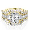 Golden Three Stone White Sapphire Wedding Ring Set - 18K Gold Plated Sterling Silver