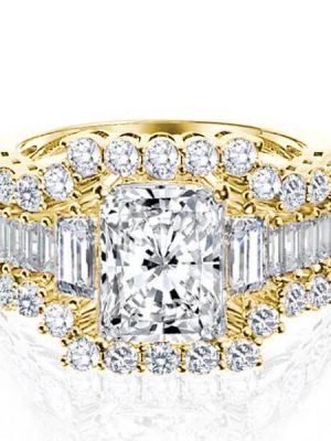 Golden Three Stone White Sapphire Wedding Ring Set - 18K Gold Plated Sterling Silver