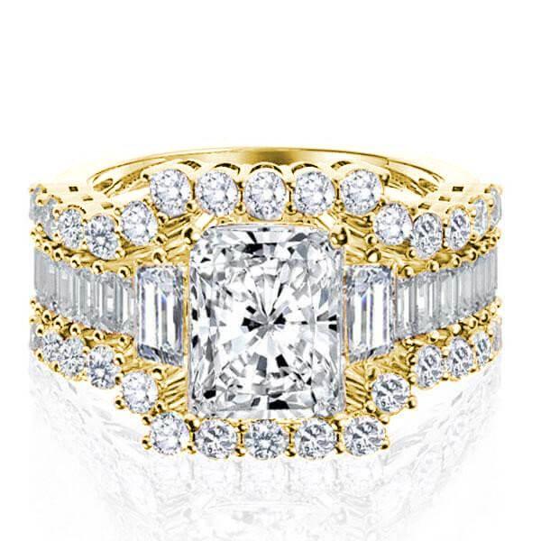 Golden Three Stone White Sapphire Wedding Ring Set - 18K Gold Plated Sterling Silver